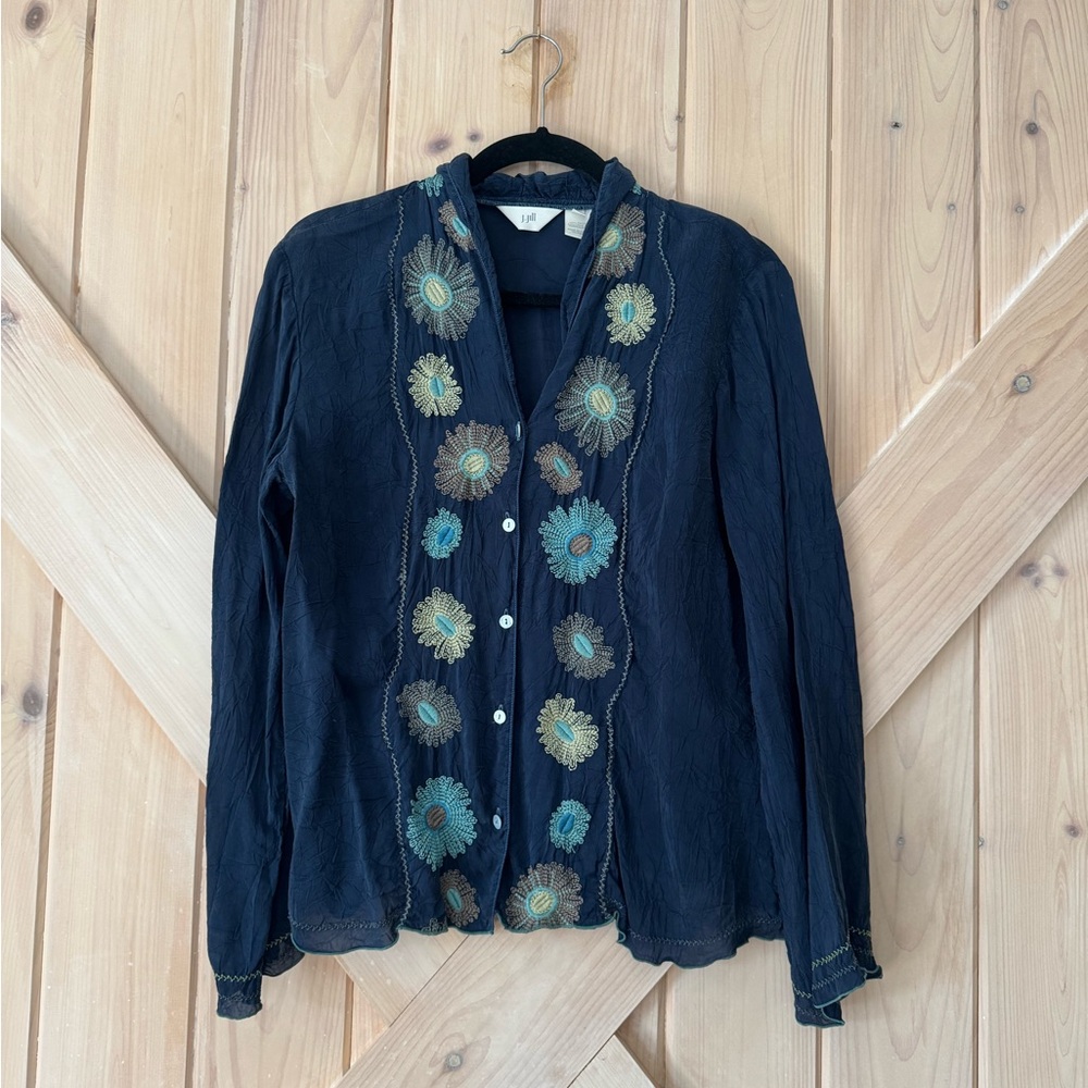 J. Jill Black Button-Front Top with Floral Embroidery